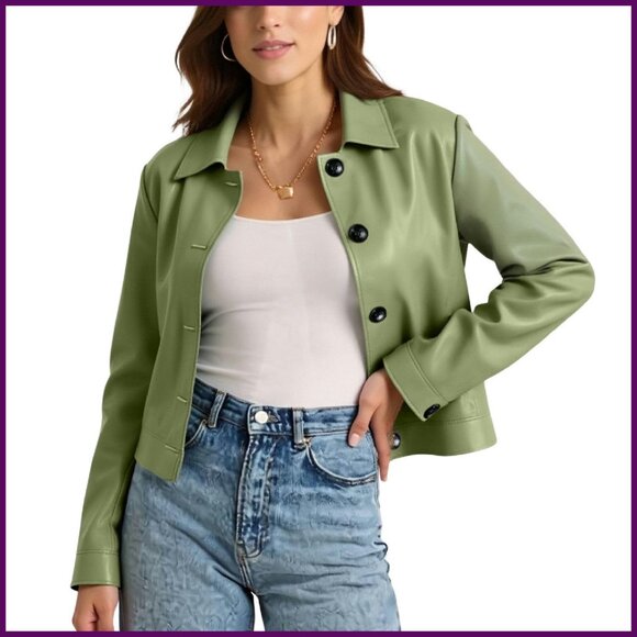 Faux Leather Cropped Jacket Lightweight Oversized Fit Button Front